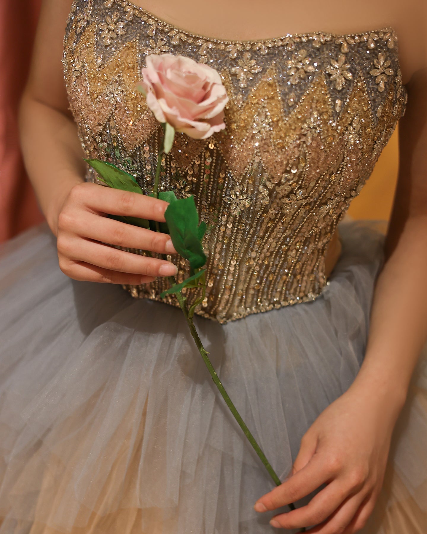 Luxury Rose Gold Ruffles Ball Gown Evening Dress SS731