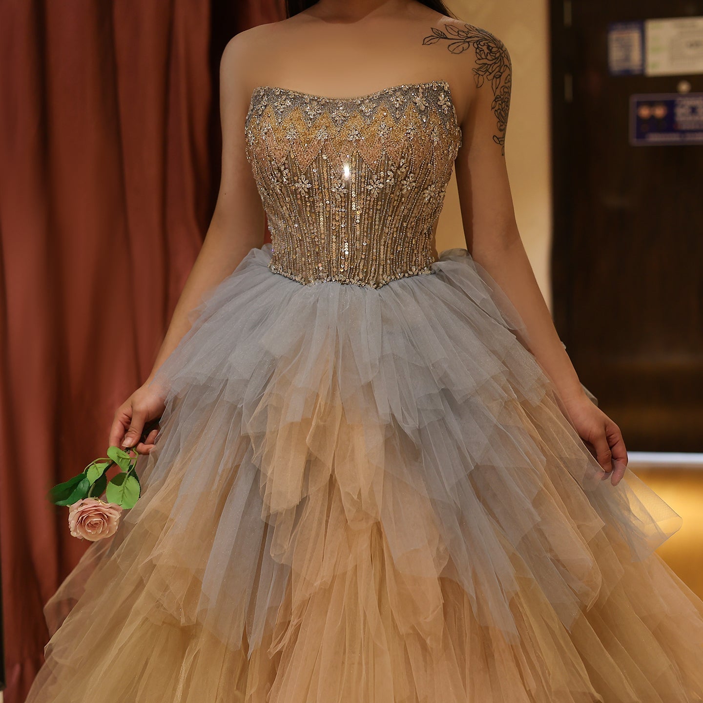 Luxury Rose Gold Ruffles Ball Gown Evening Dress SS731