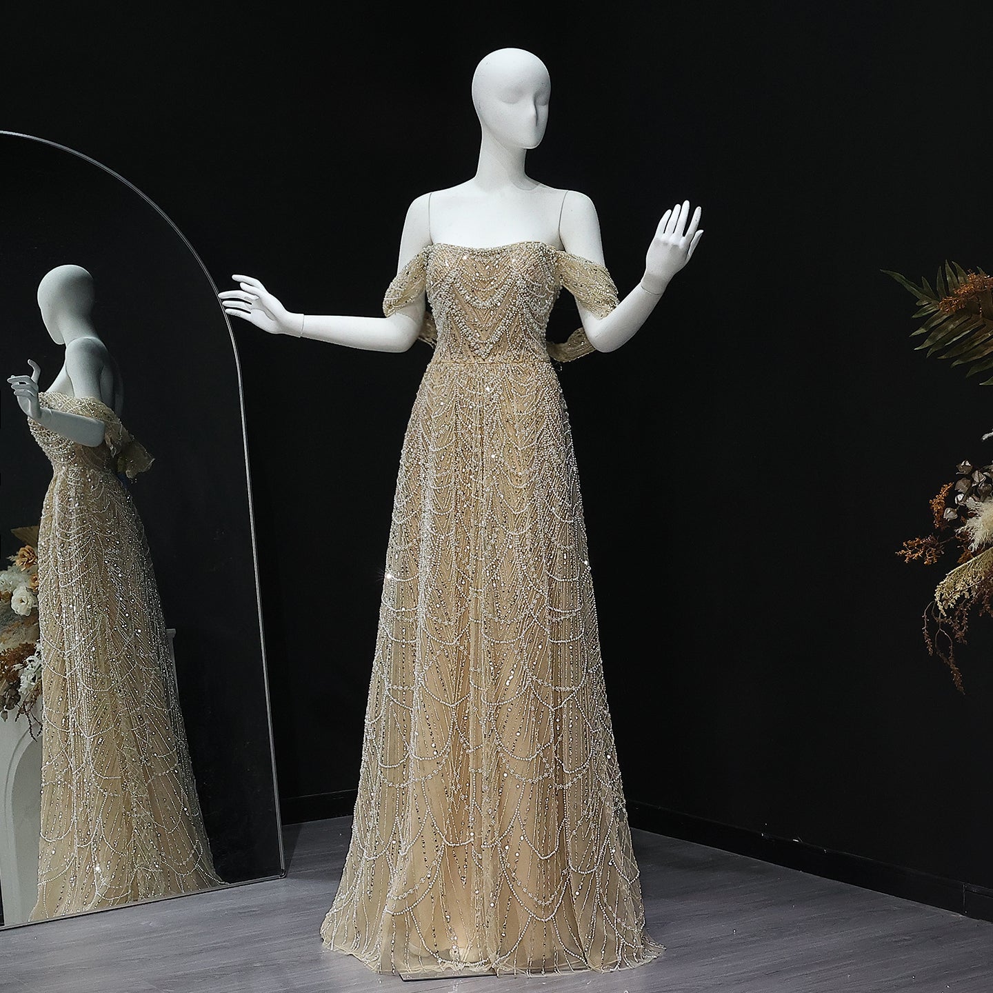 Luxury Beaded Champagne Off-Shoulder Evening Dress SS676  Champagne / US 20