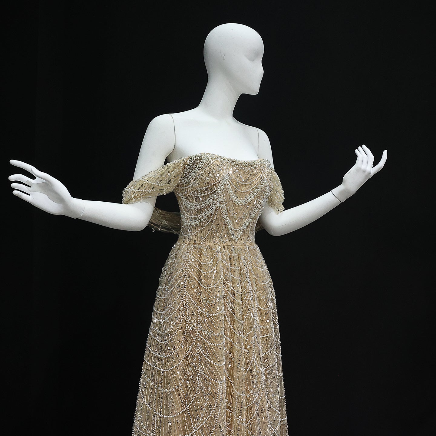 Luxury Beaded Champagne Off-Shoulder Evening Dress SS676
