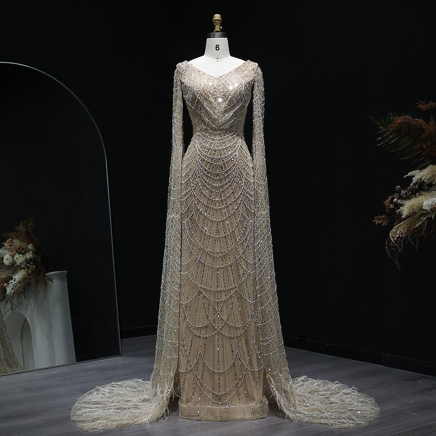 Luxury White Feather Evening Dress with Cape Sleeves SS683  Champagne / US 20