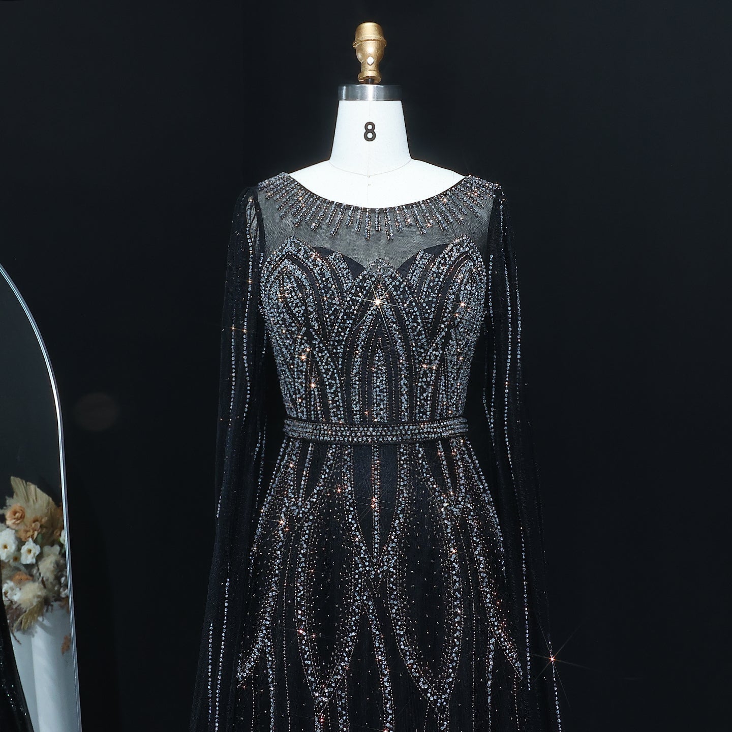 Luxury Blue Beaded Evening Dress with Cape Sleeves SS032