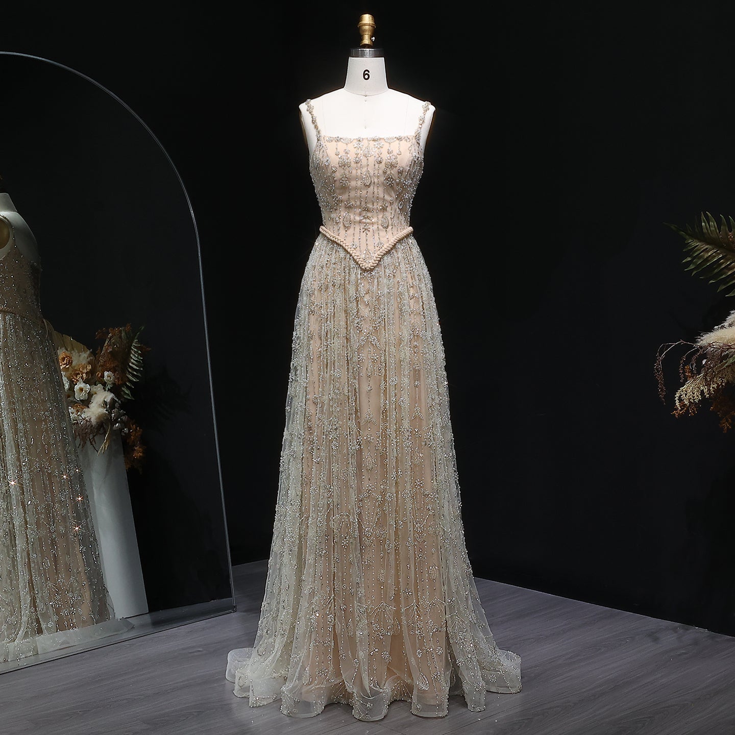 Luxury Sage Green Spaghetti A-Line Evening Dress SS693  Nude / US 20