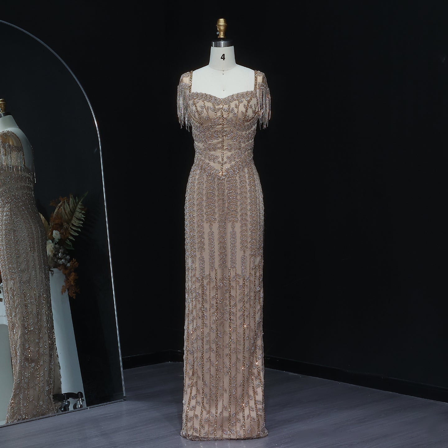 Luxury Tassel Cream Straight Evening Dress SS712