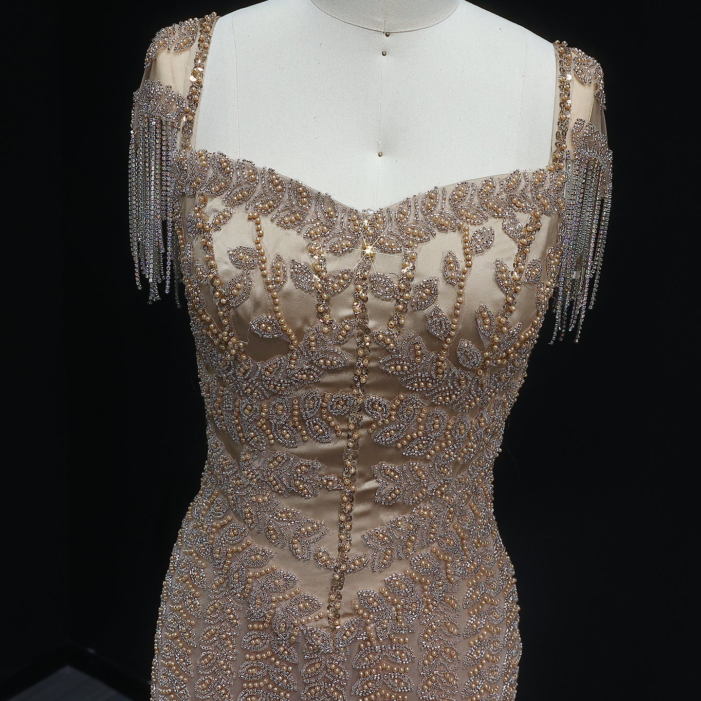 Luxury Tassel Cream Straight Evening Dress SS712