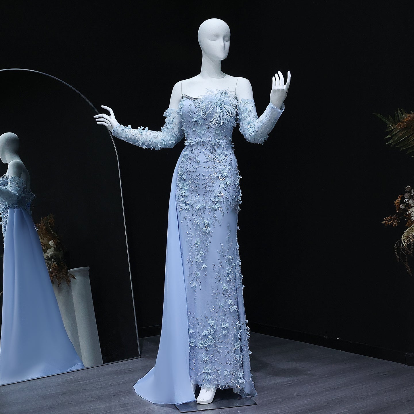 Elegant Blue 3D Flowers Feathers Evening Dress with Sleeves SS342  Blue / US 16