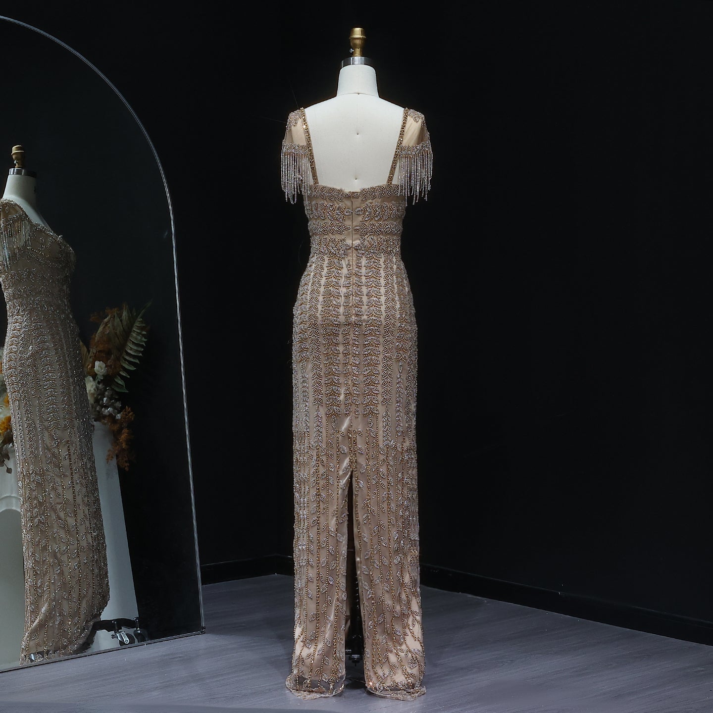 Luxury Tassel Cream Straight Evening Dress SS712