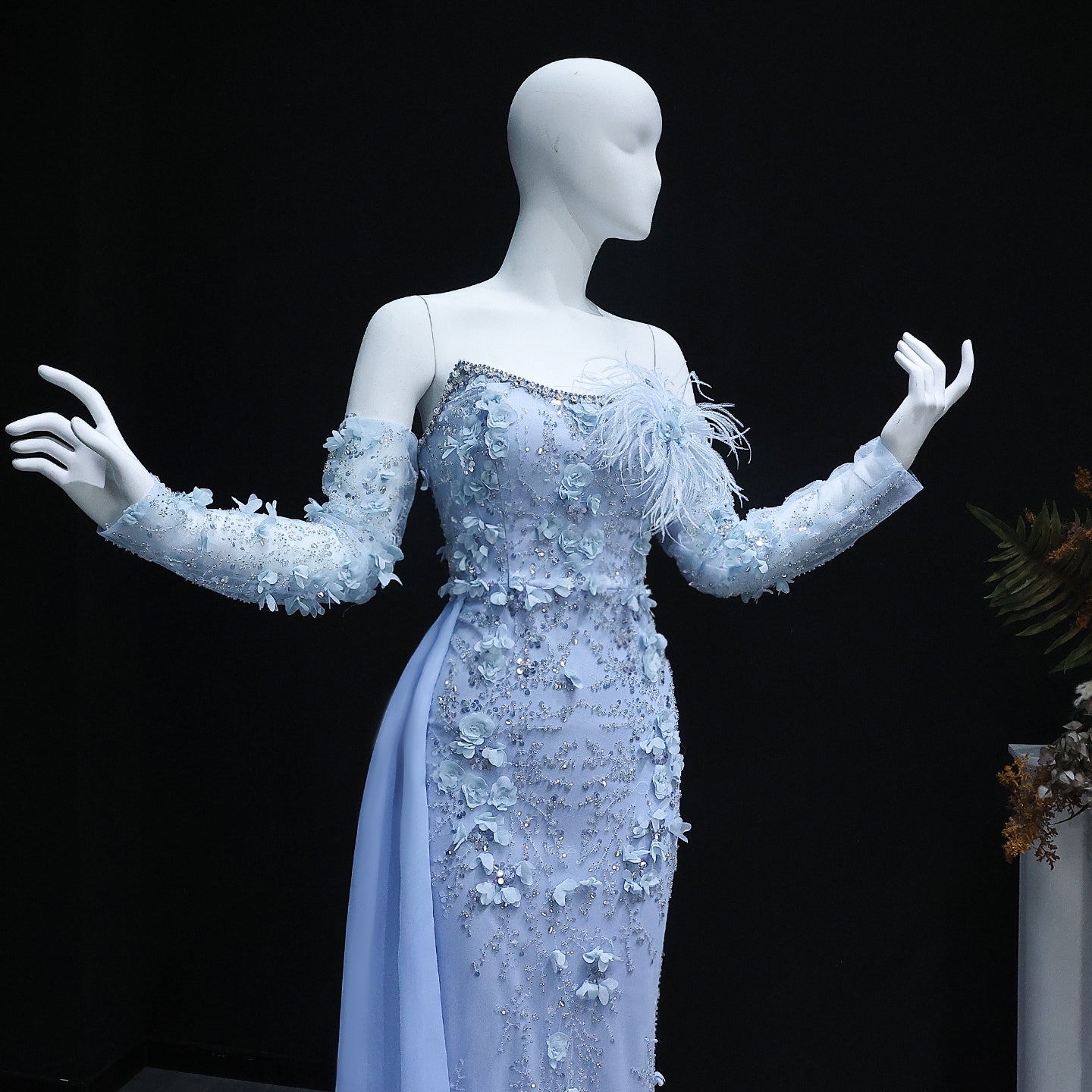 Elegant Blue 3D Flowers Feathers Evening Dress with Sleeves SS342