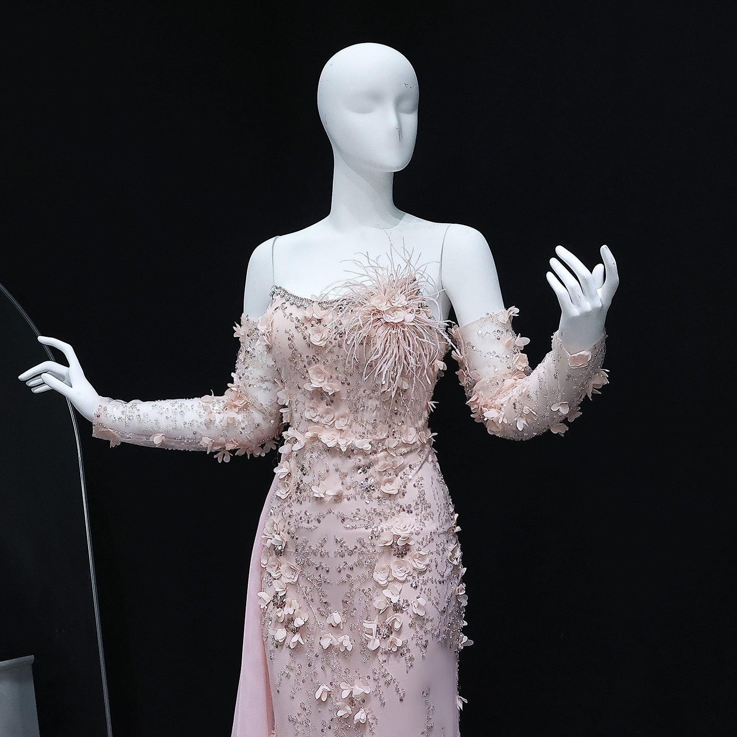 Elegant Blue 3D Flowers Feathers Evening Dress with Sleeves SS342