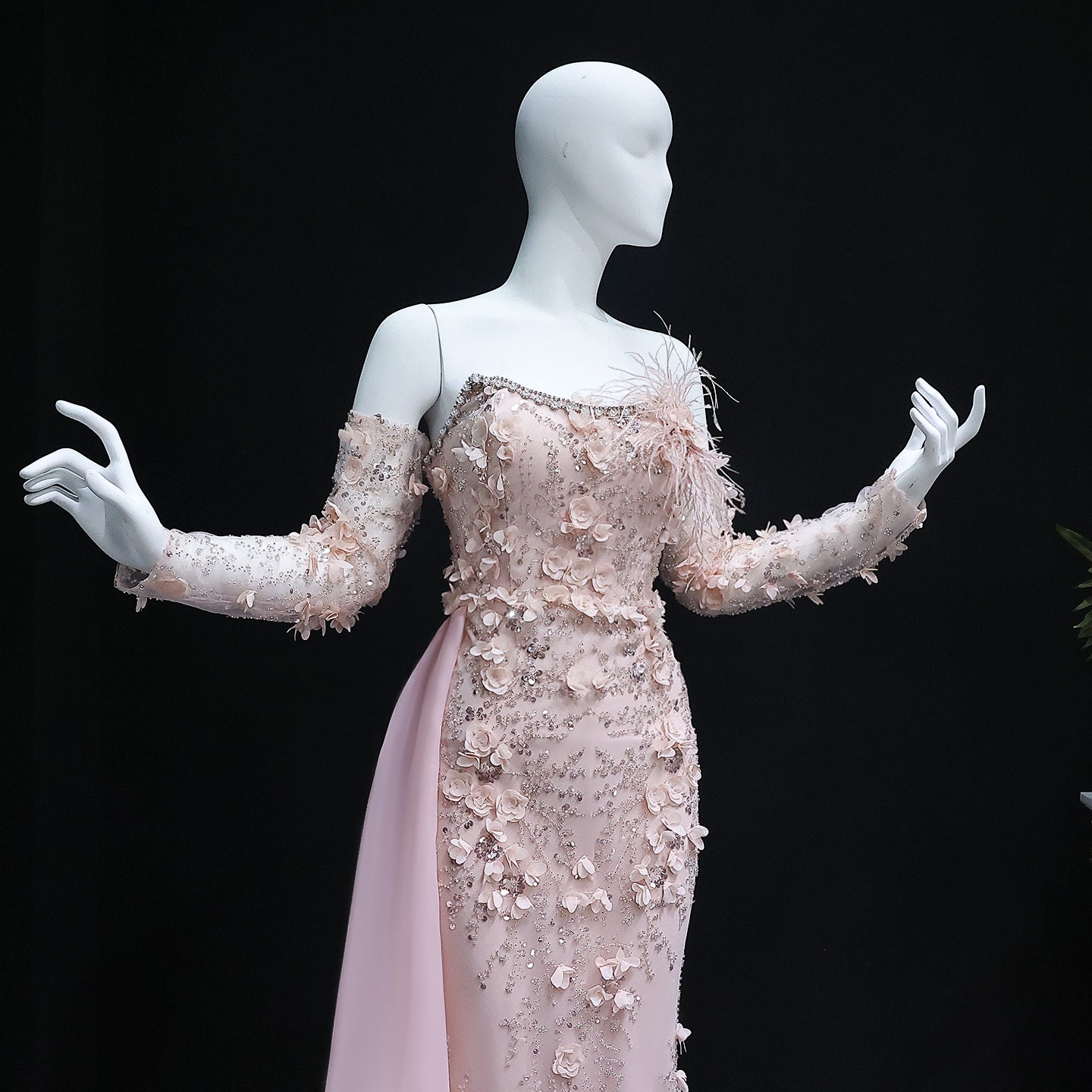 Elegant Blue 3D Flowers Feathers Evening Dress with Sleeves SS342