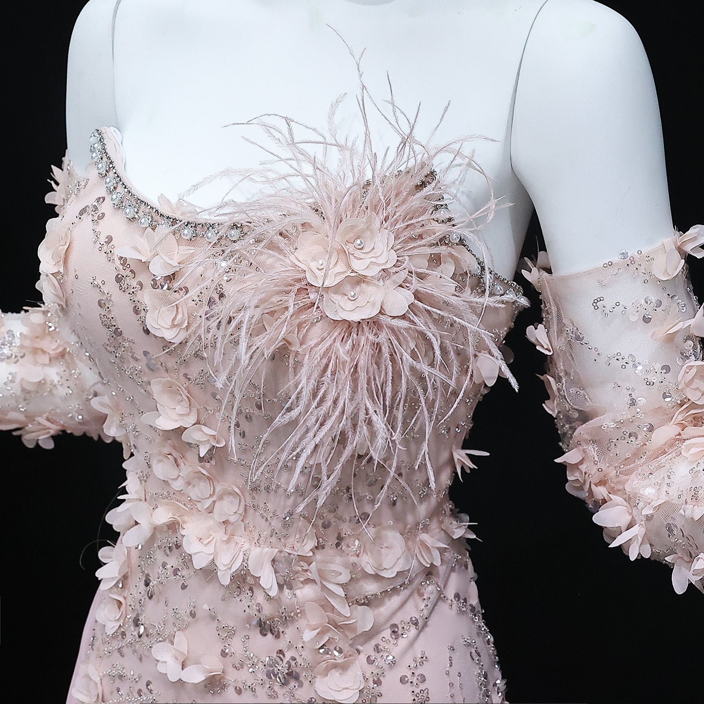 Elegant Blue 3D Flowers Feathers Evening Dress with Sleeves SS342