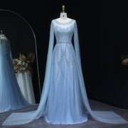 Luxury Blue Beaded Evening Dress with Cape Sleeves SS032  Blue / US 18