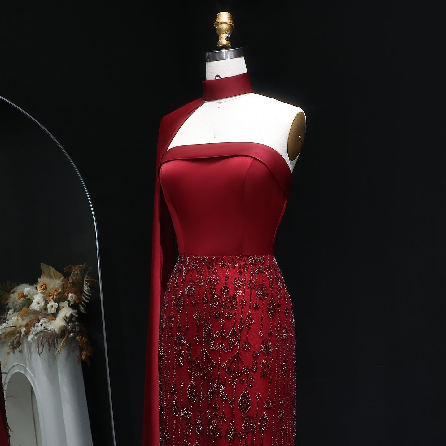 Luxury Sage Green Feathers Evening Dress with Scarf Cape SS014