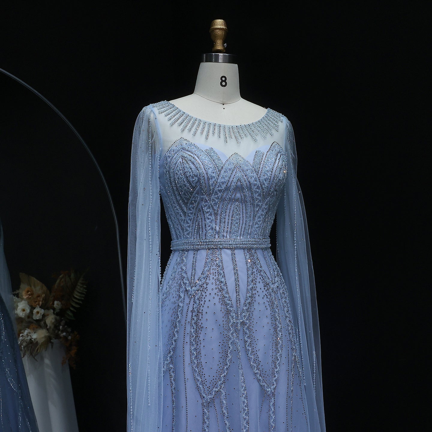 Luxury Blue Beaded Evening Dress with Cape Sleeves SS032