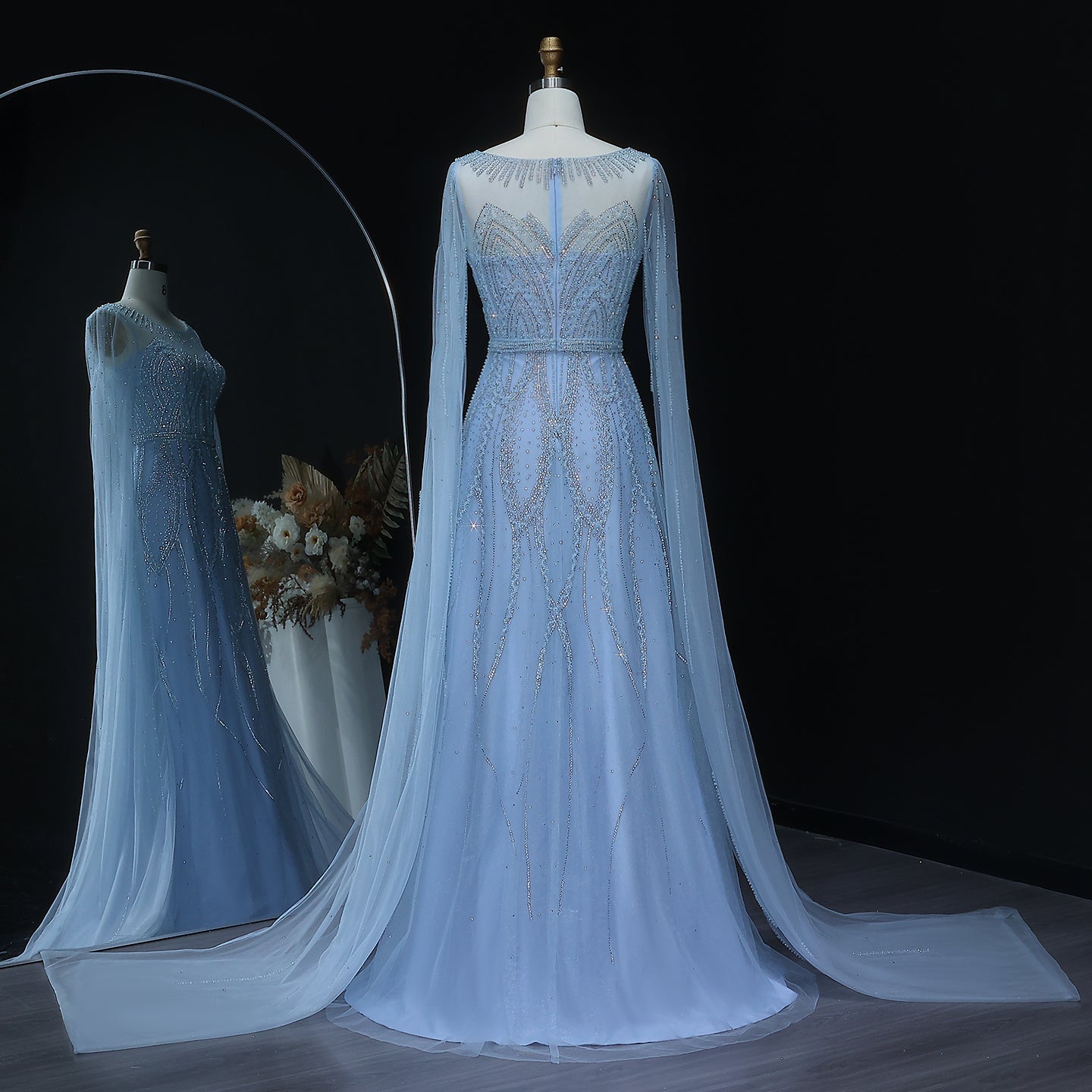 Luxury Blue Beaded Evening Dress with Cape Sleeves SS032