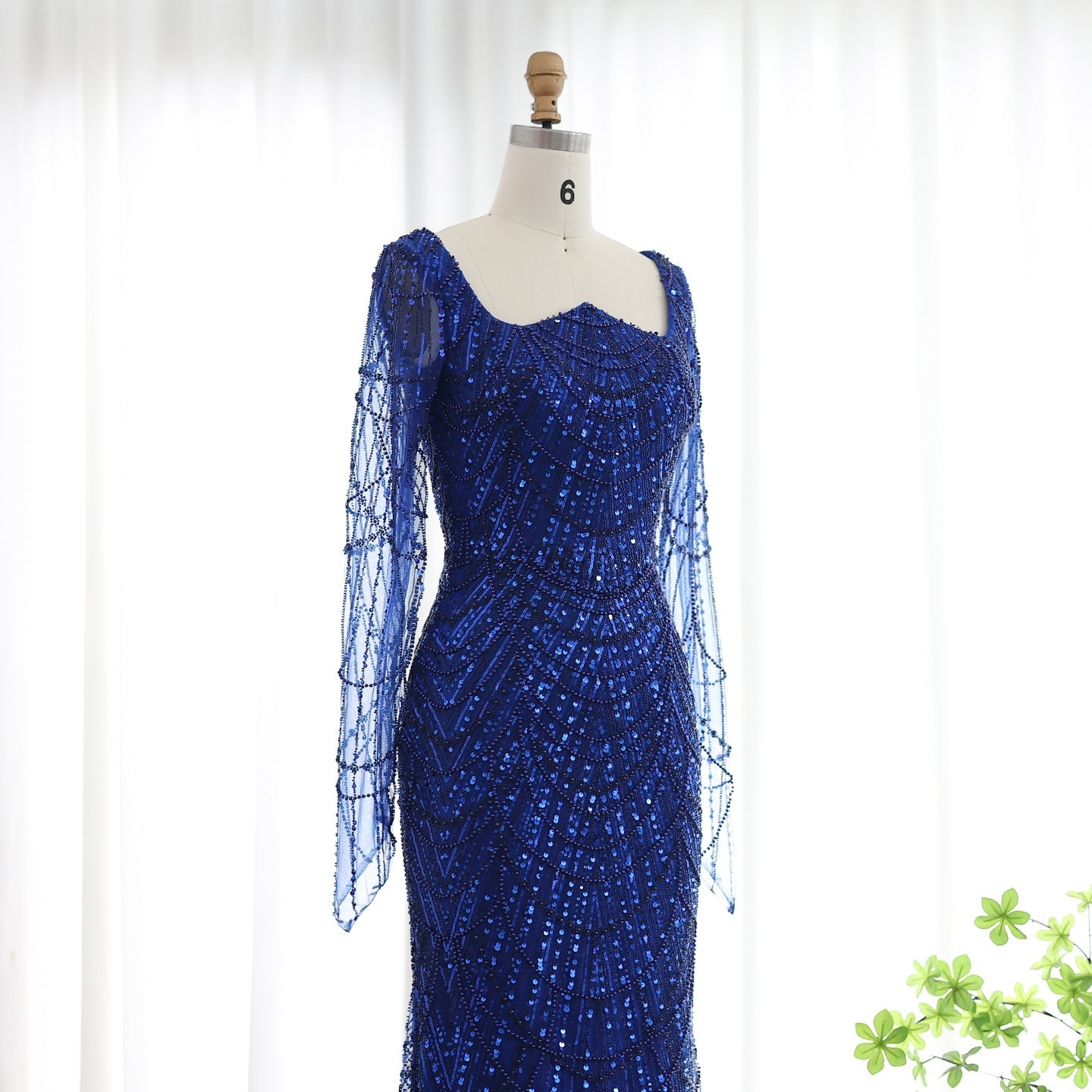 Luxury Beaded Champagne Long Sleeves Mermaid Evening Dress SS686