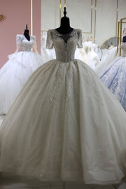 Luxury Beaded Short Sleeves Ball Gown Wedding Dress RS021