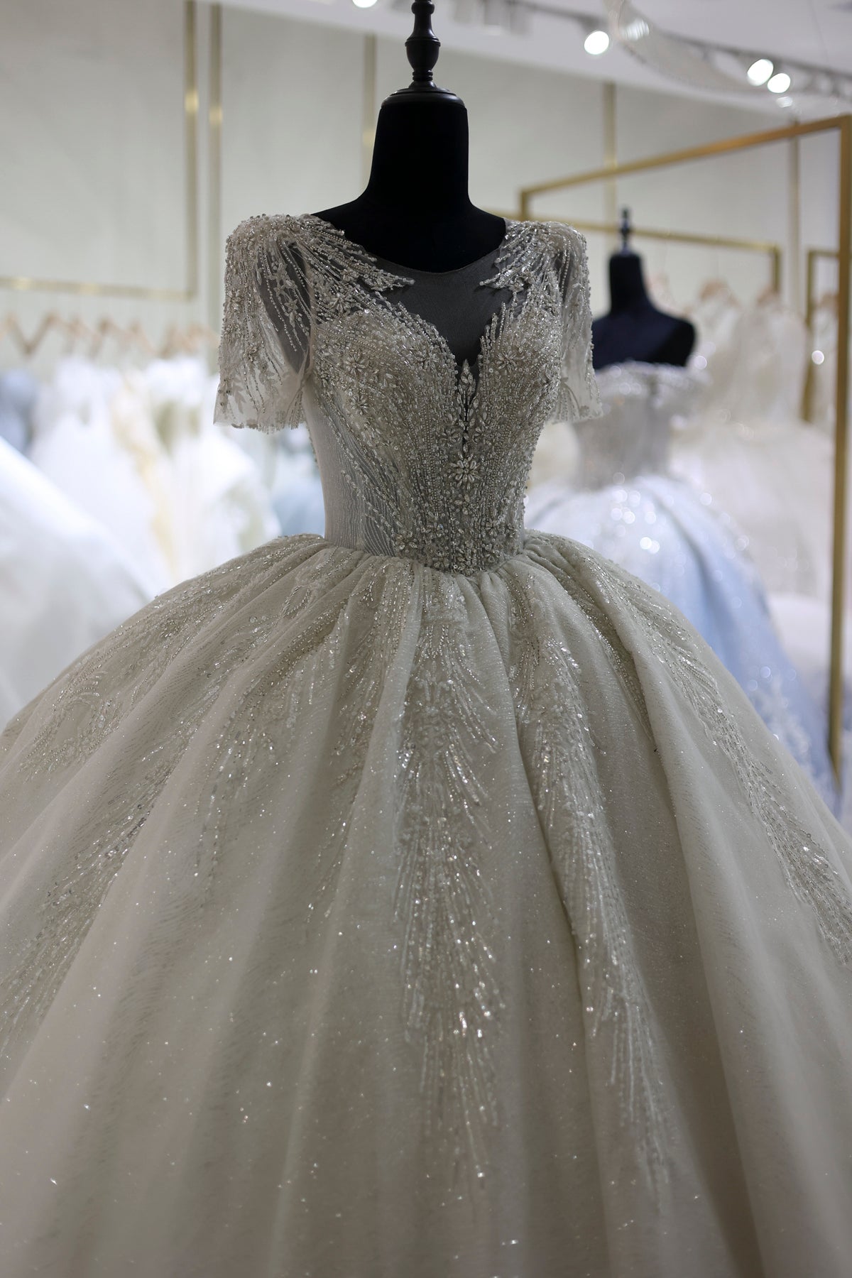 Luxury Beaded Short Sleeves Ball Gown Wedding Dress RS021