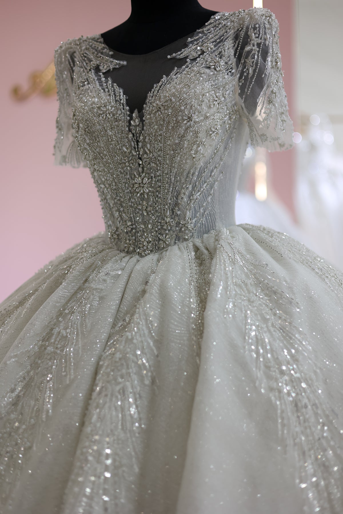 Luxury Beaded Short Sleeves Ball Gown Wedding Dress RS021