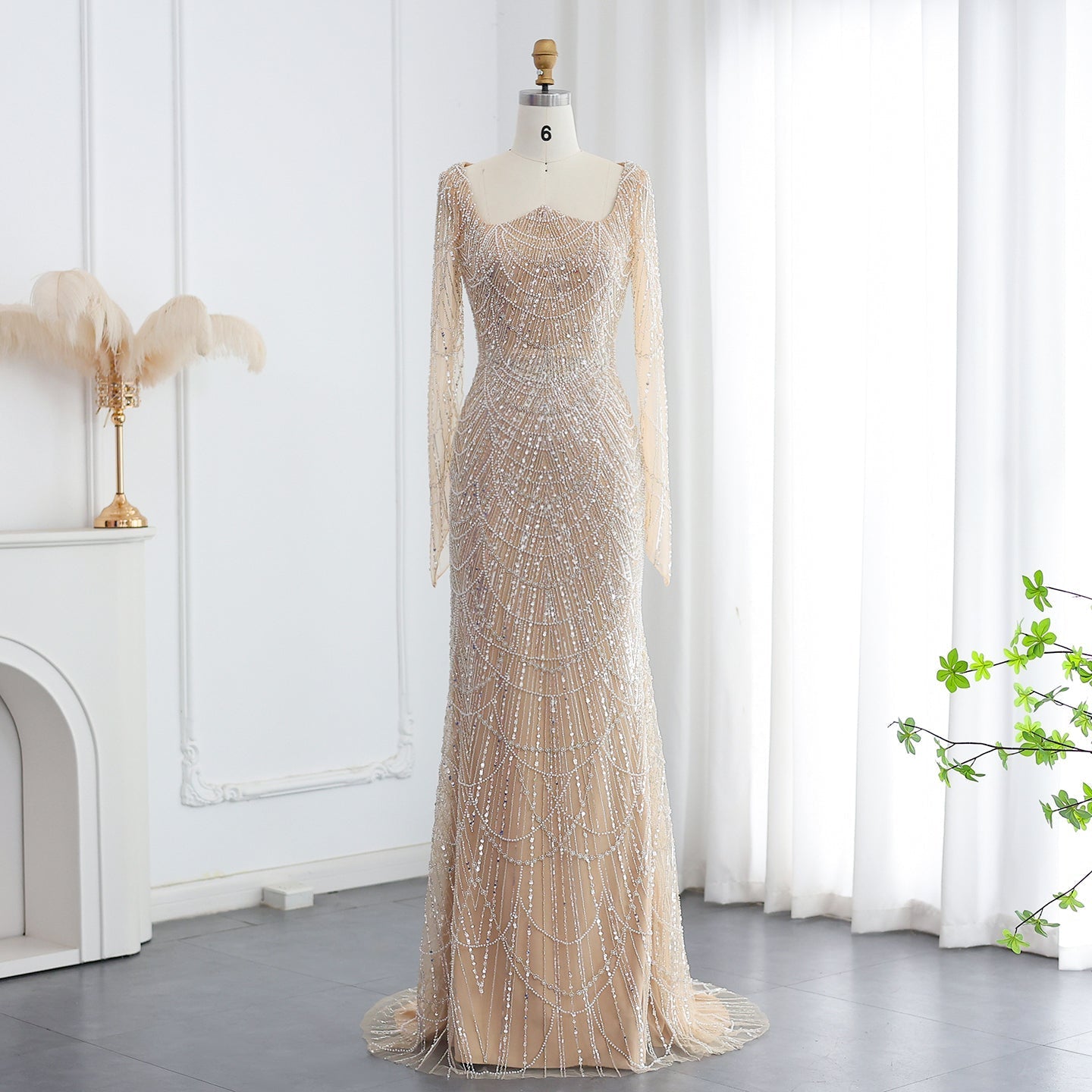 Luxury Beaded Champagne Long Sleeves Mermaid Evening Dress SS686  Champagne / US 16