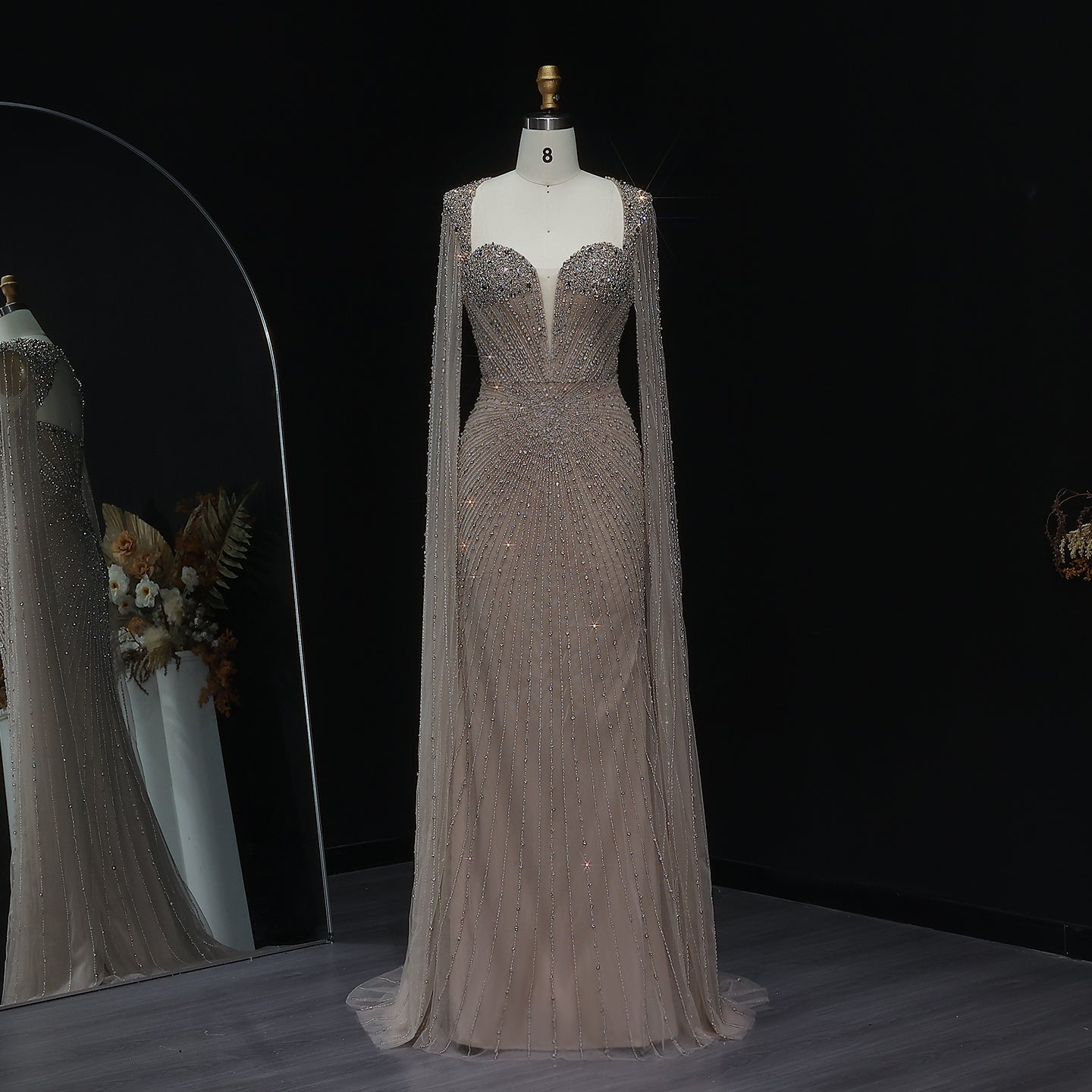 Sparkly Crystal Pink Evening Dress with Cape SS194  Champagne / US 18