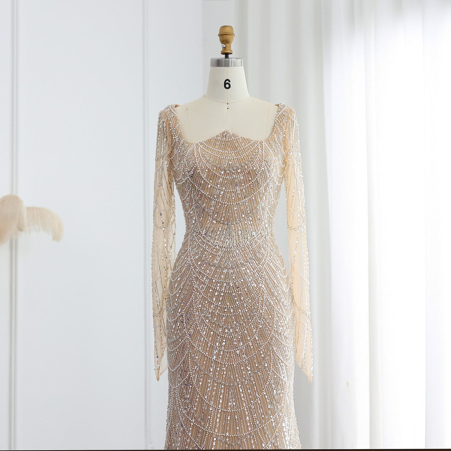 Luxury Beaded Champagne Long Sleeves Mermaid Evening Dress SS686