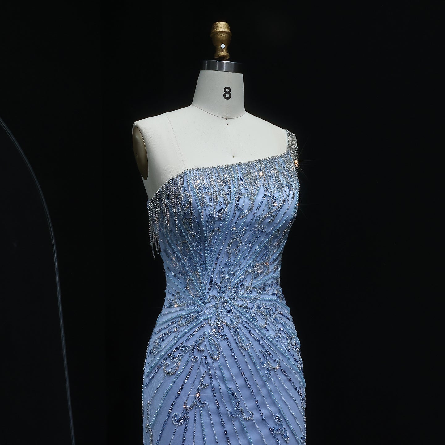 Stunning Tassel Pearls Blue One Shoulder Evening Dress SS031