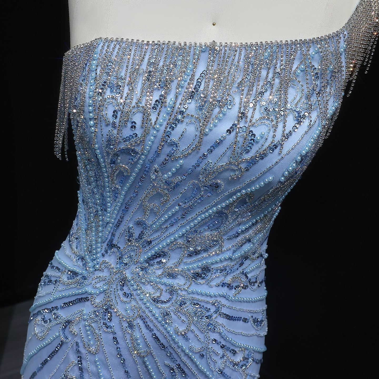 Stunning Tassel Pearls Blue One Shoulder Evening Dress SS031
