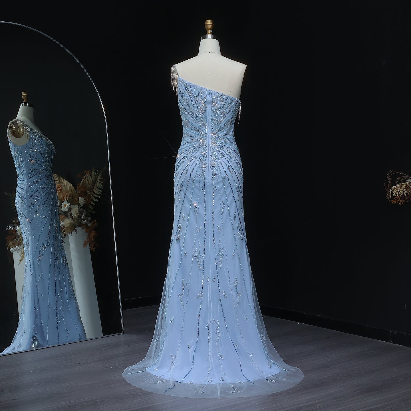 Stunning Tassel Pearls Blue One Shoulder Evening Dress SS031