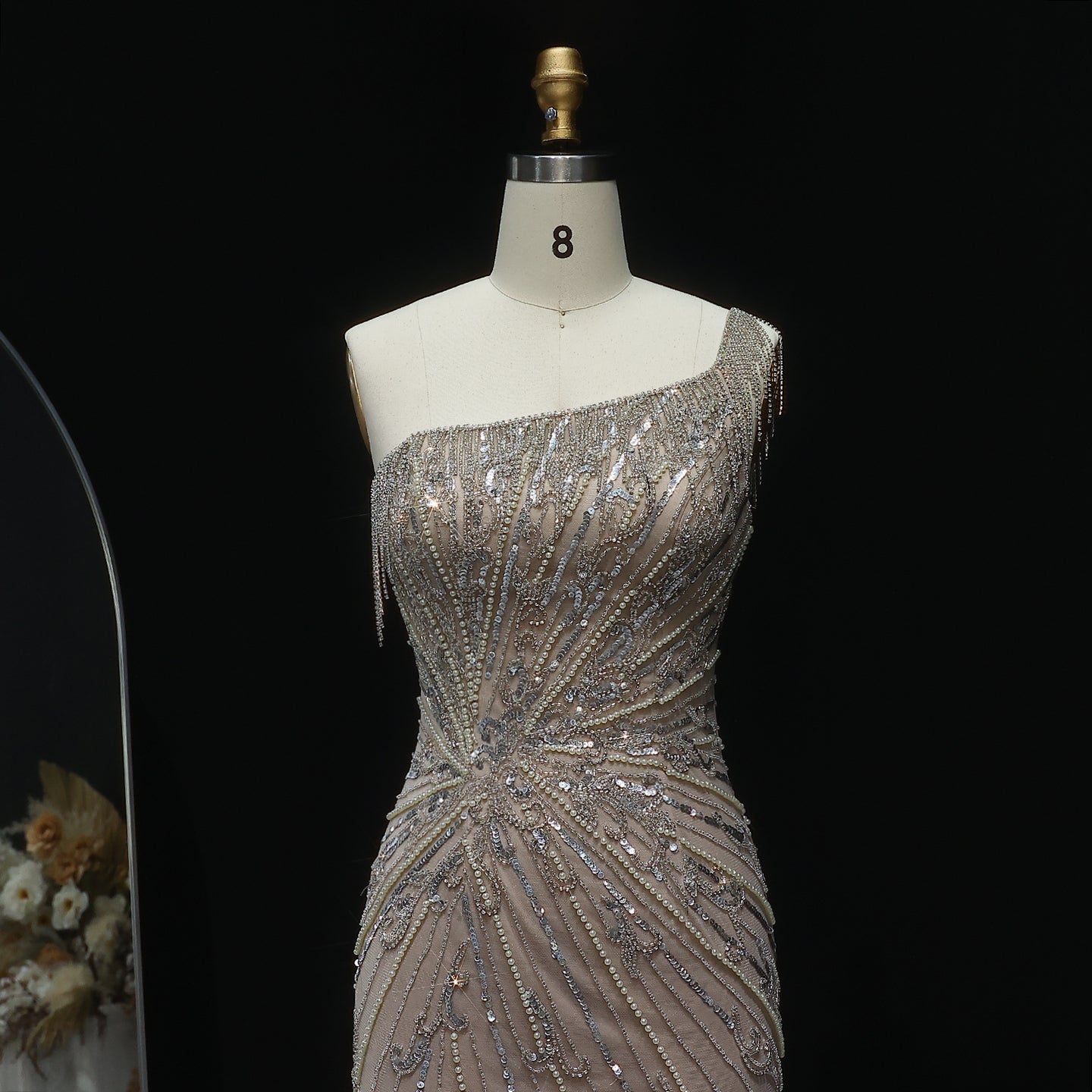 Stunning Tassel Pearls Blue One Shoulder Evening Dress SS031