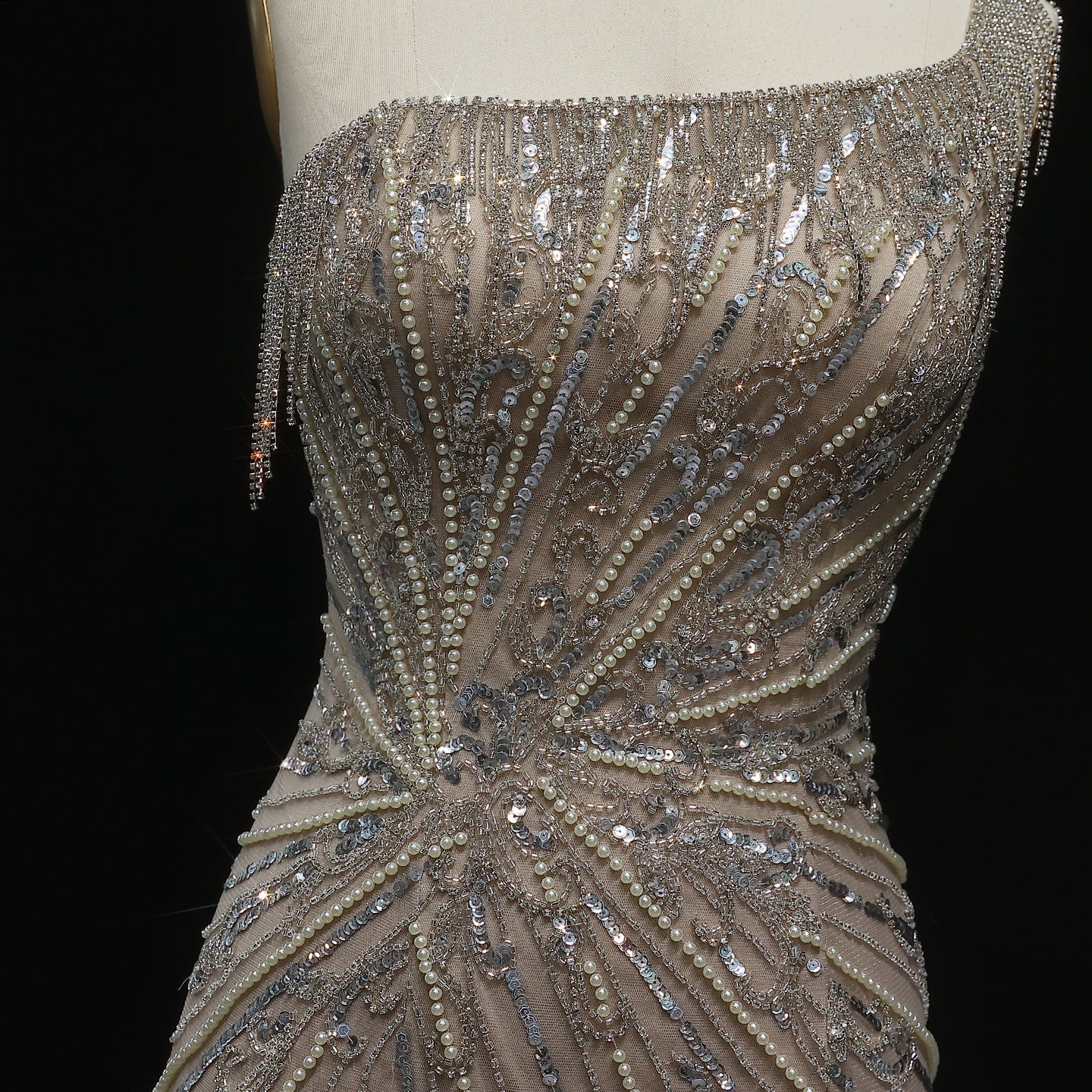 Stunning Tassel Pearls Blue One Shoulder Evening Dress SS031