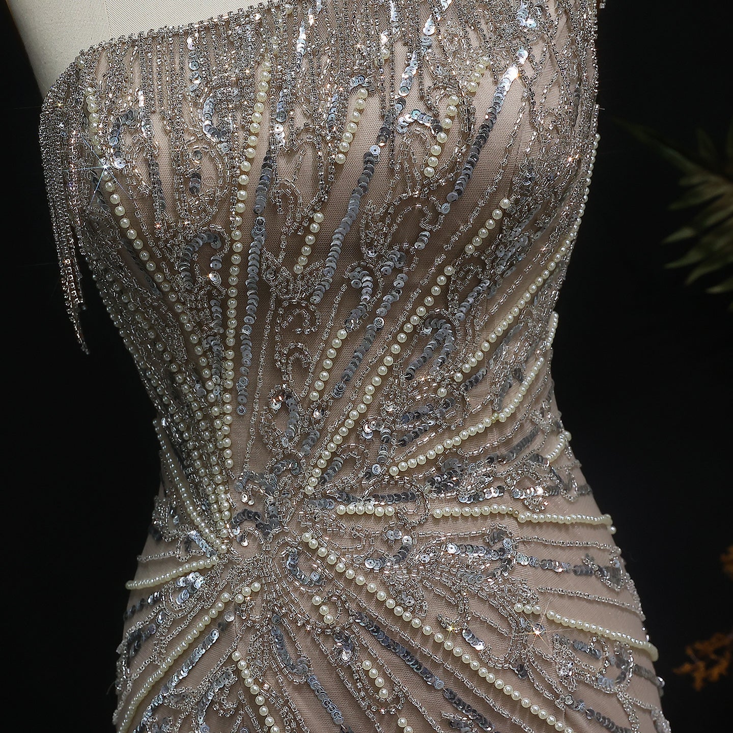 Stunning Tassel Pearls Blue One Shoulder Evening Dress SS031