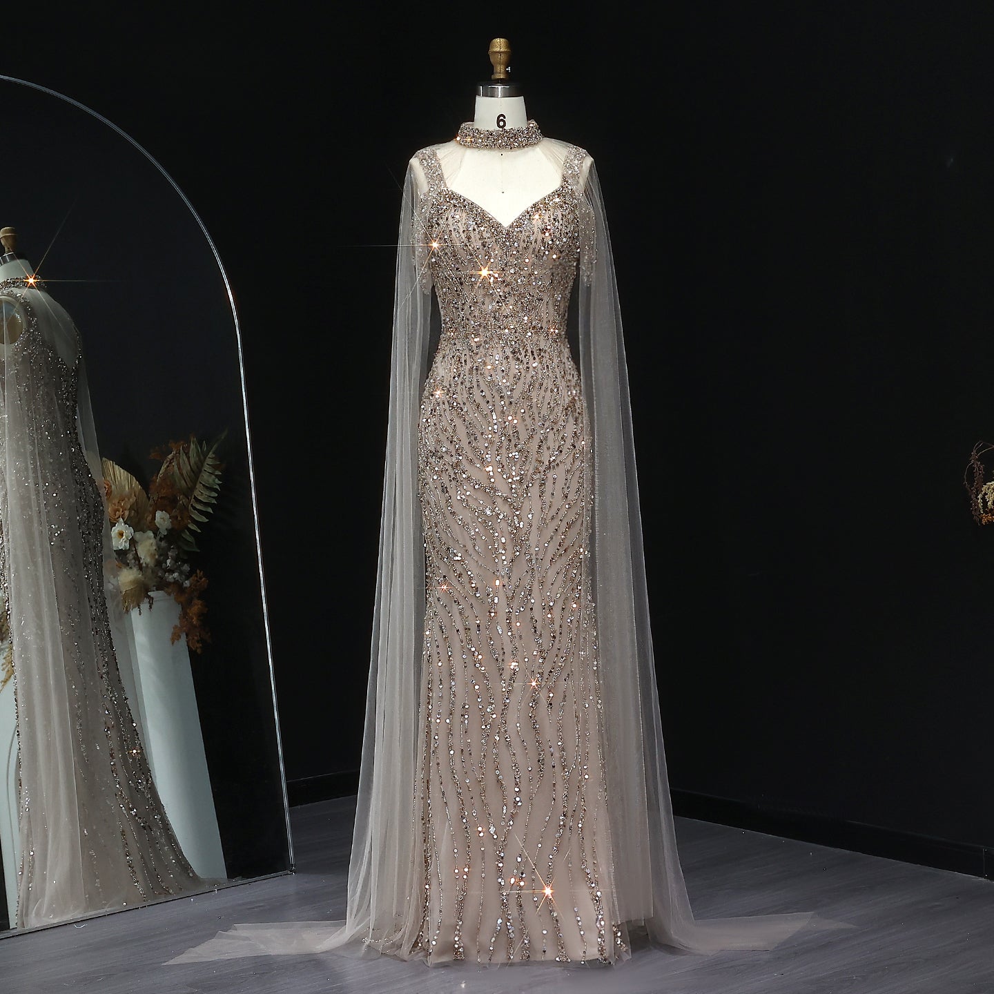 Luxury Beaded Pink Evening Dress with Chocker Cape SS033  Champagne / US 18