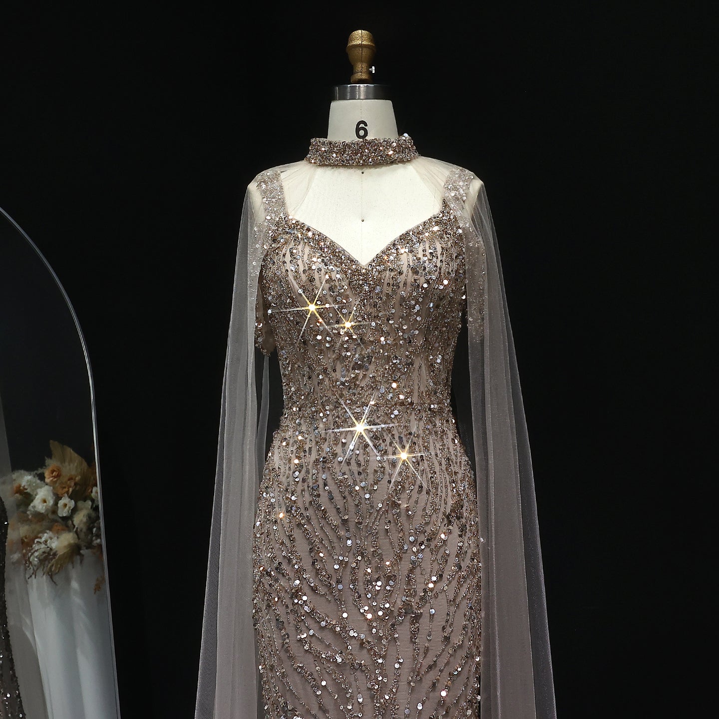 Luxury Beaded Pink Evening Dress with Chocker Cape SS033