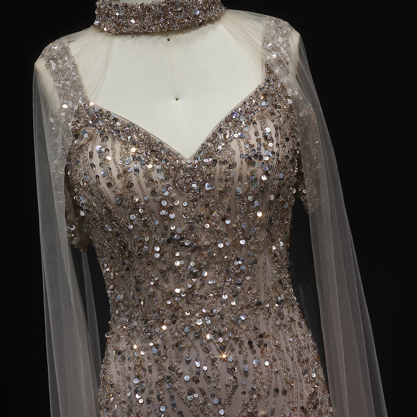 Luxury Beaded Pink Evening Dress with Chocker Cape SS033