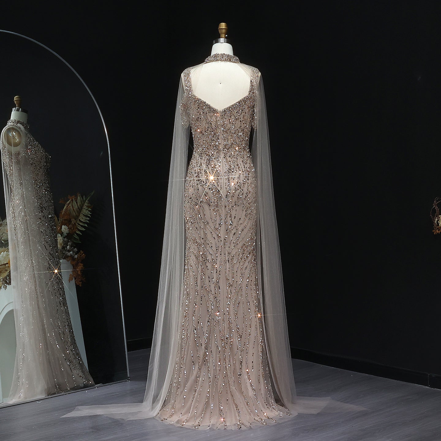 Luxury Beaded Pink Evening Dress with Chocker Cape SS033