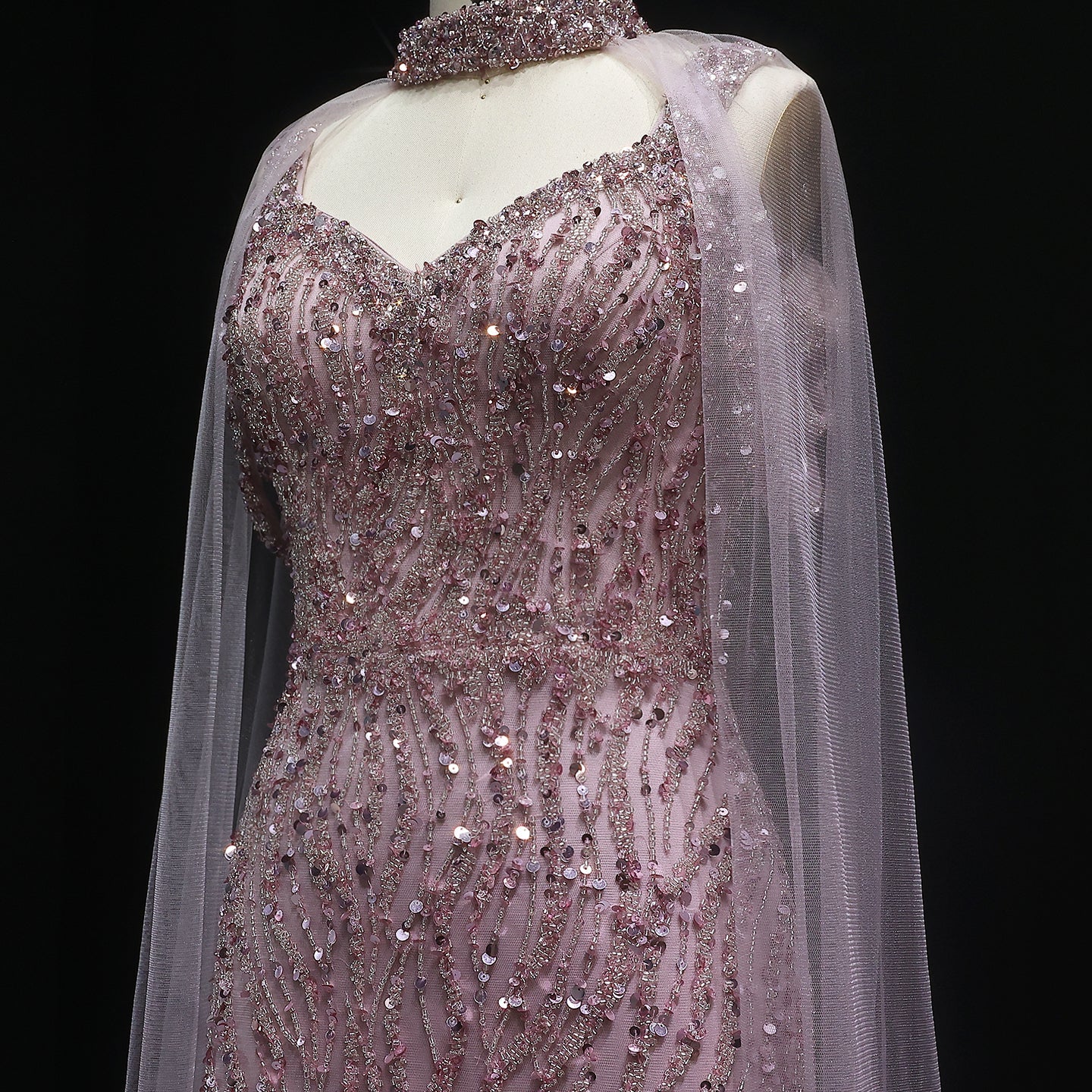 Luxury Beaded Pink Evening Dress with Chocker Cape SS033