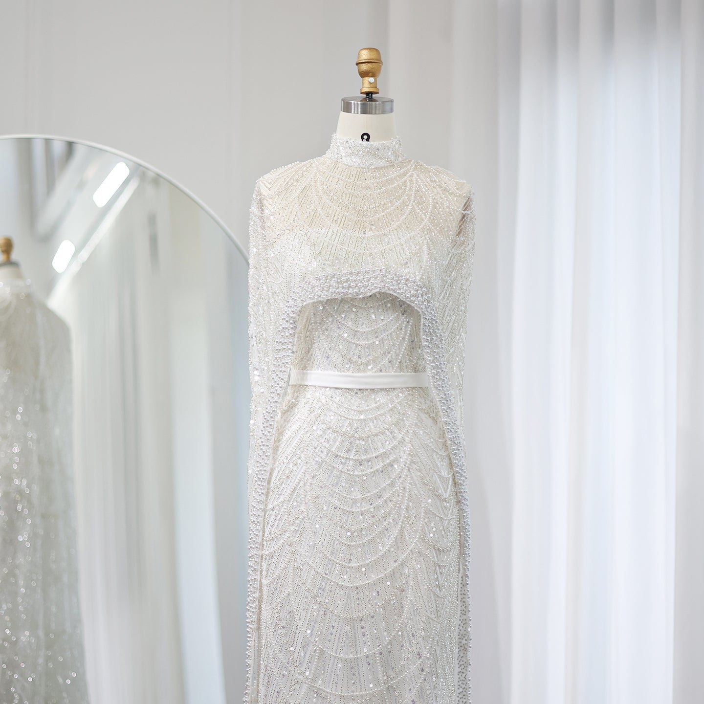 Luxury Pearls Champagne Evening Dress with Cape SS369