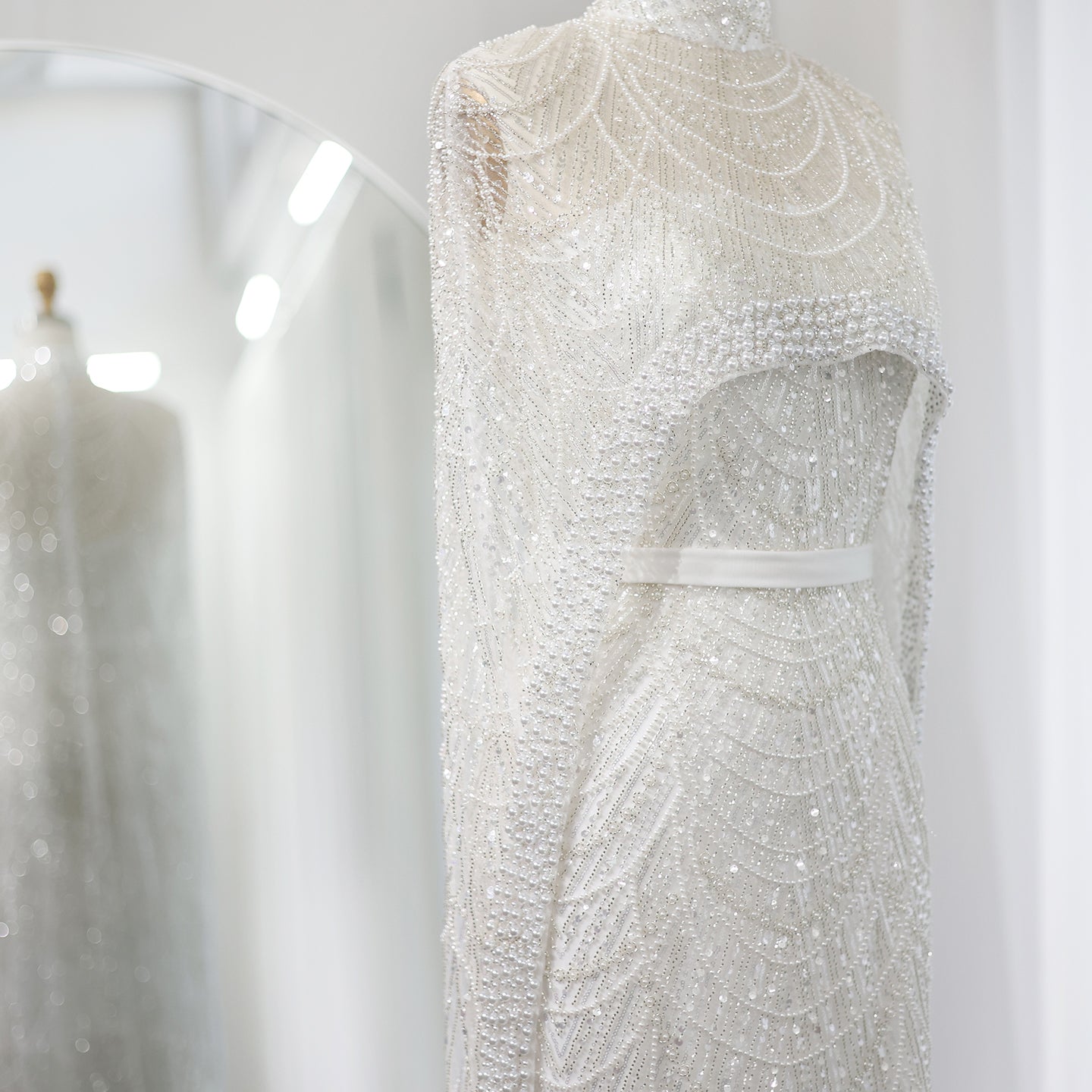 Luxury Pearls Champagne Evening Dress with Cape SS369