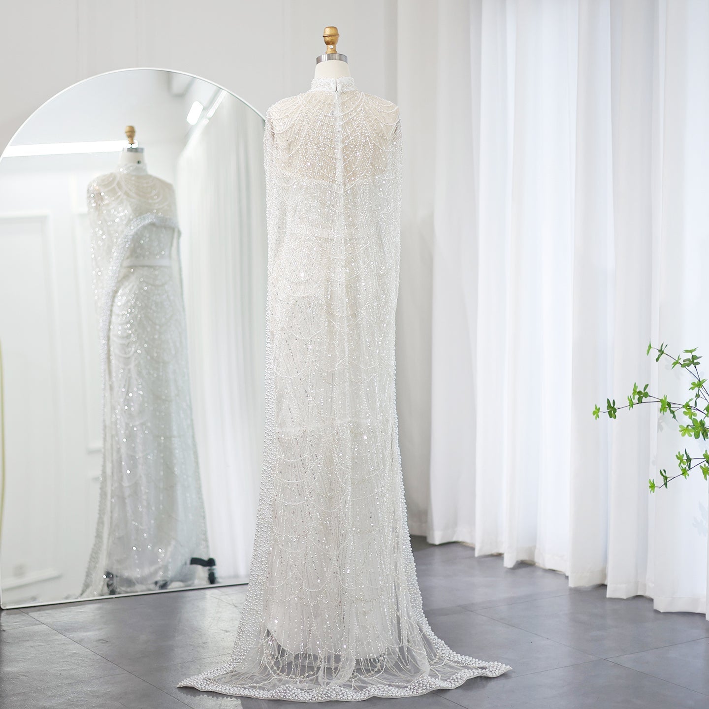 Luxury Pearls Champagne Evening Dress with Cape SS369