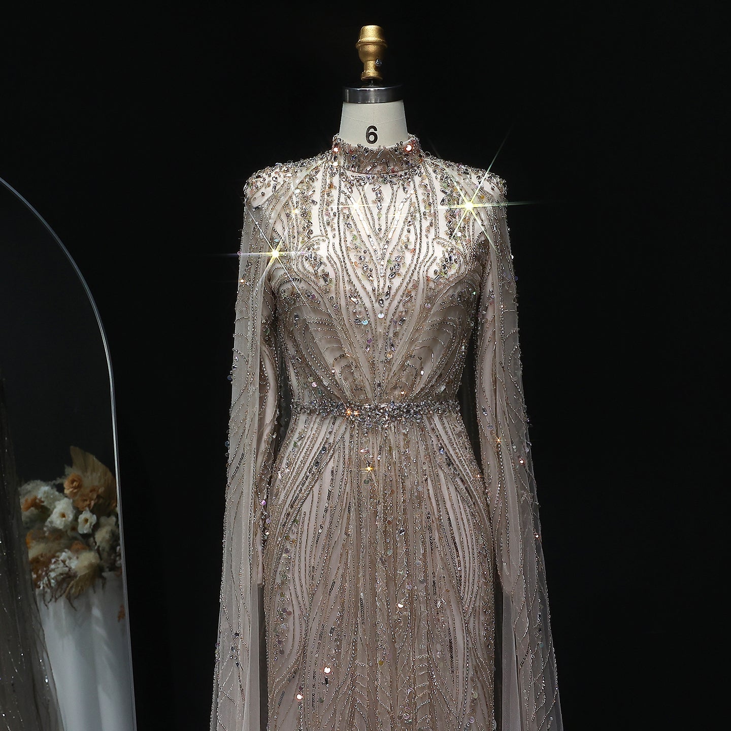 Luxury Champagne Long Sleeve High Neck Evening Dress with Cape SS366