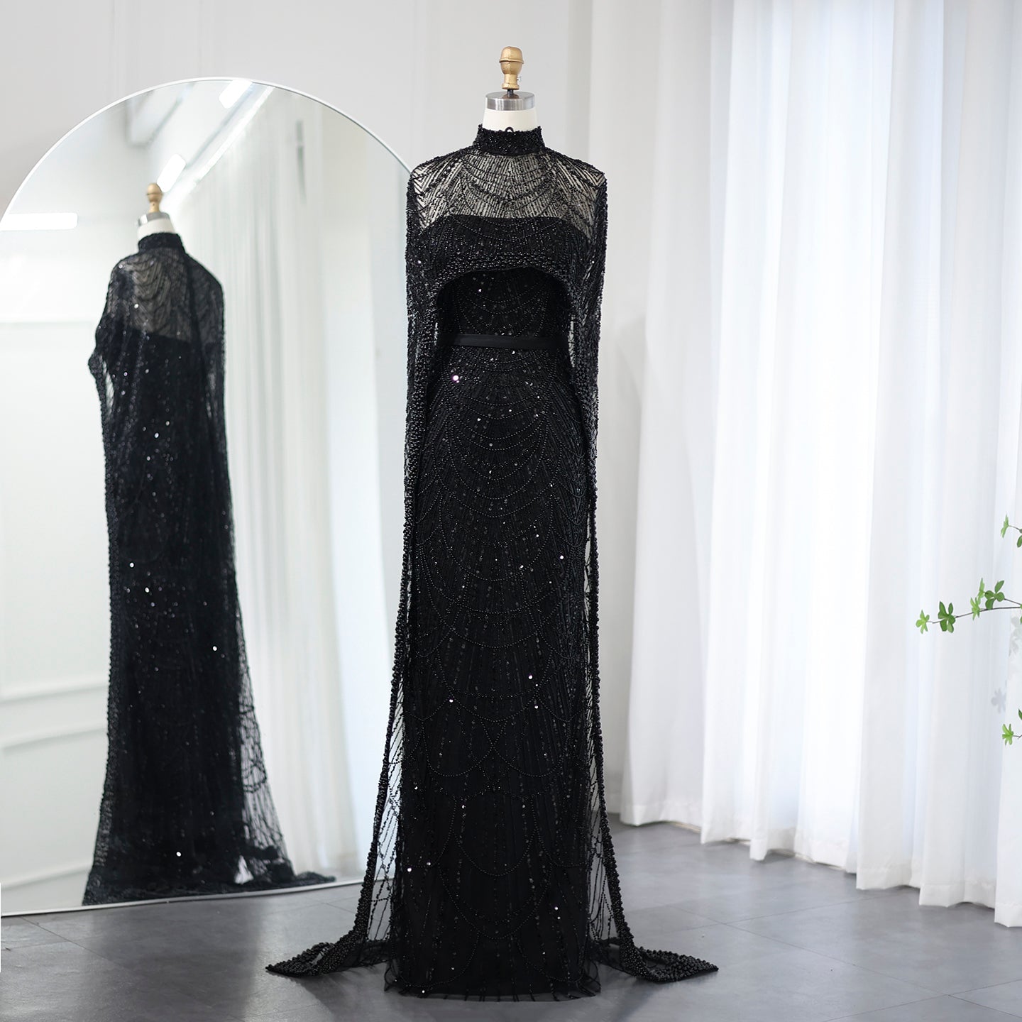 Luxury Pearls Champagne Evening Dress with Cape SS369  Black / US 20