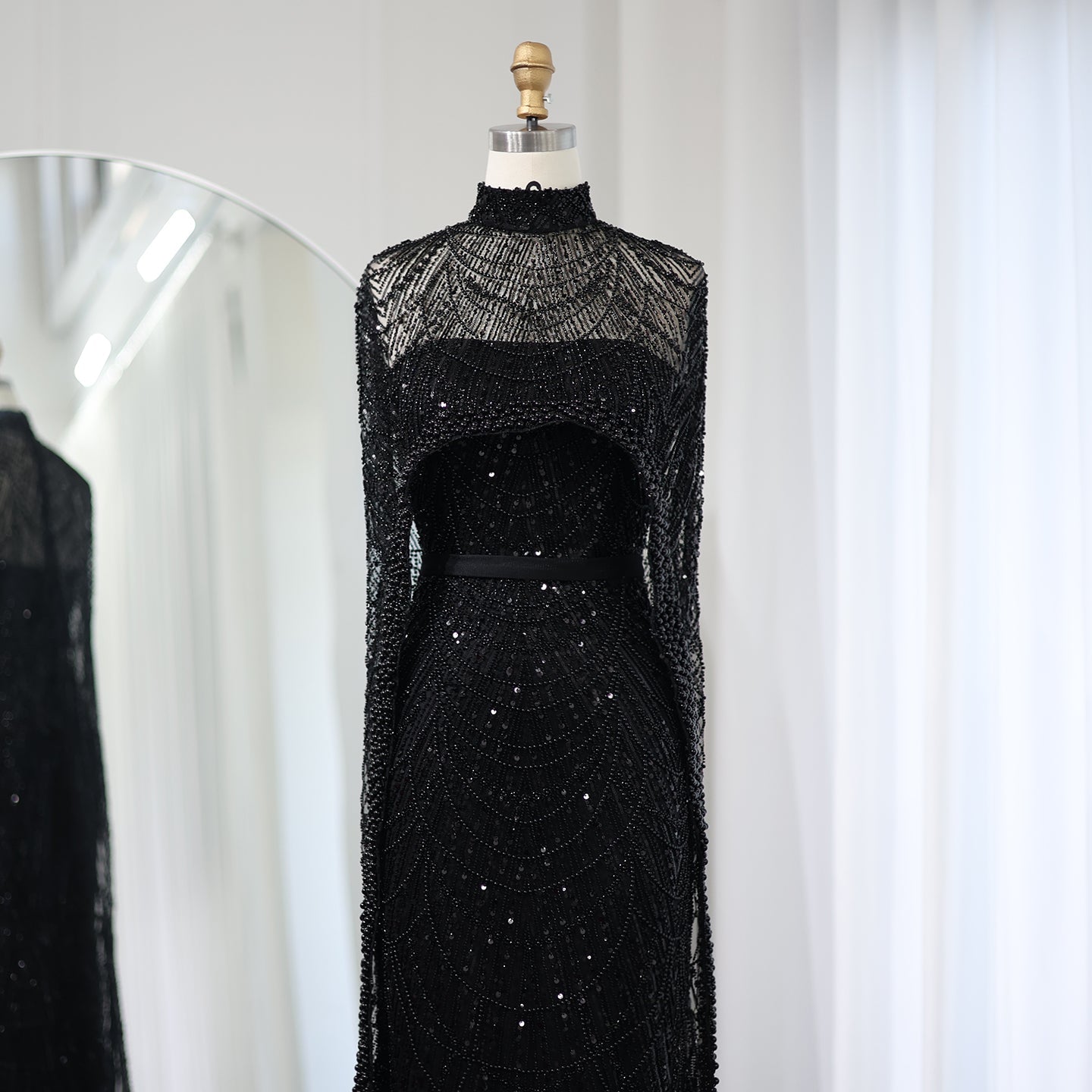 Luxury Pearls Champagne Evening Dress with Cape SS369