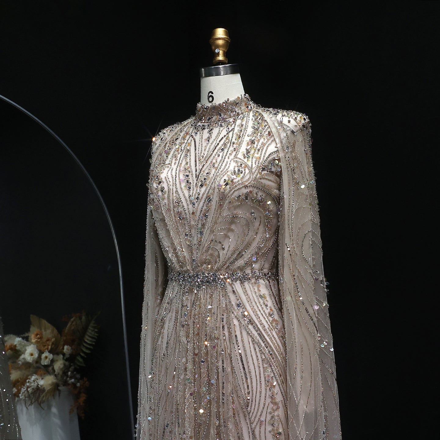 Luxury Champagne Long Sleeve High Neck Evening Dress with Cape SS366