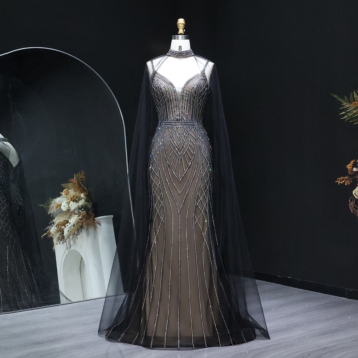 Sparkle Crystal Blue Mermaid Evening Dress with Cape Sleeves SS043  Black Nude / US 18