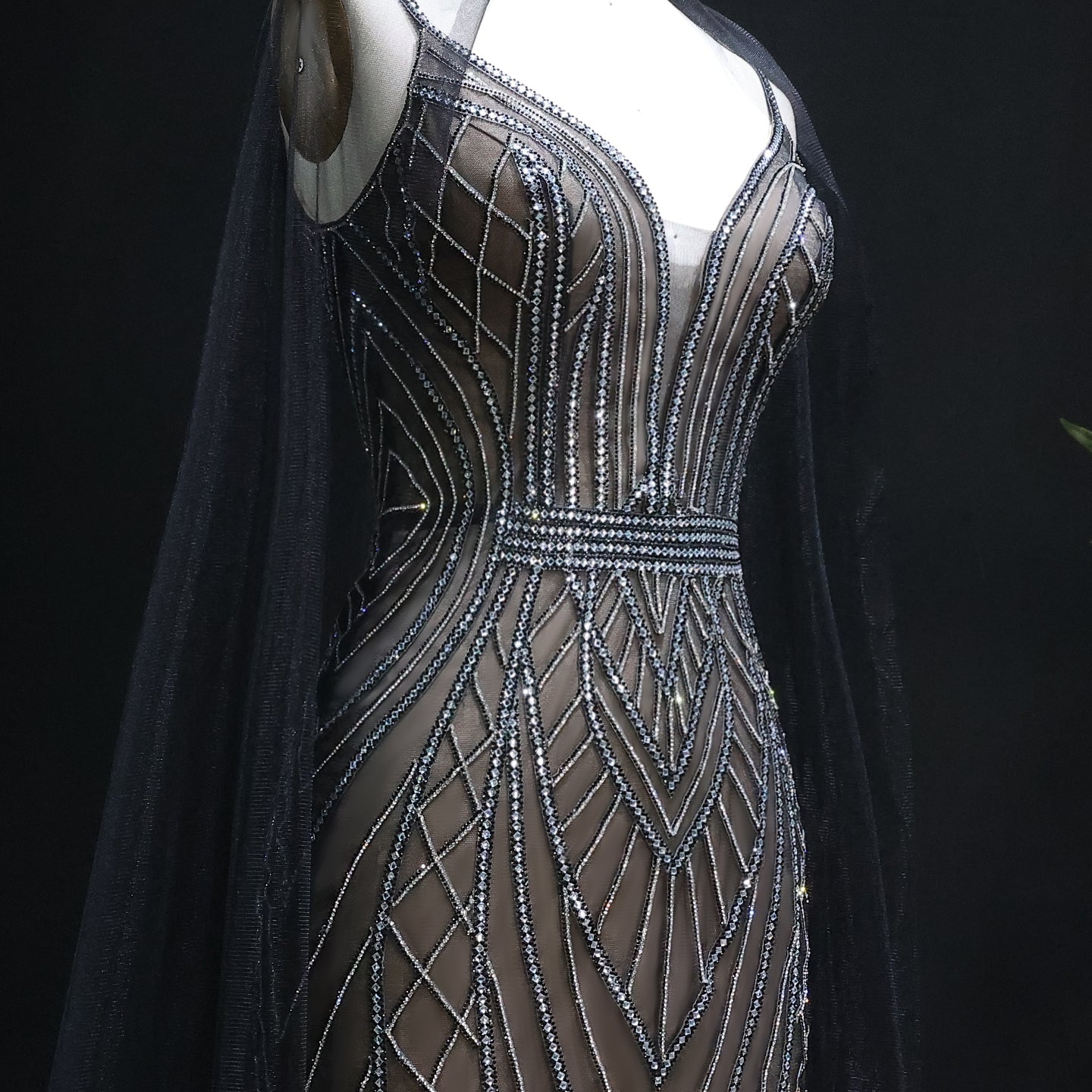 Sparkle Crystal Blue Mermaid Evening Dress with Cape Sleeves SS043