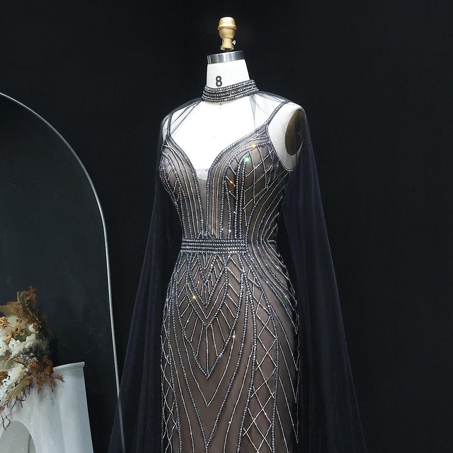 Sparkle Crystal Blue Mermaid Evening Dress with Cape Sleeves SS043