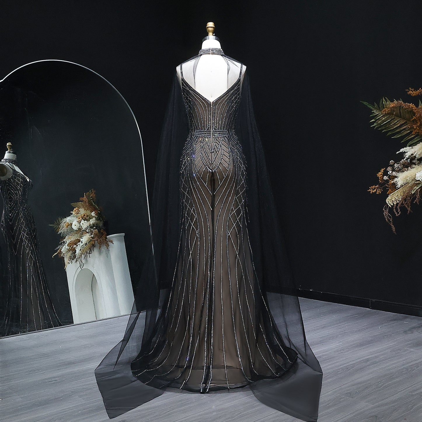 Sparkle Crystal Blue Mermaid Evening Dress with Cape Sleeves SS043