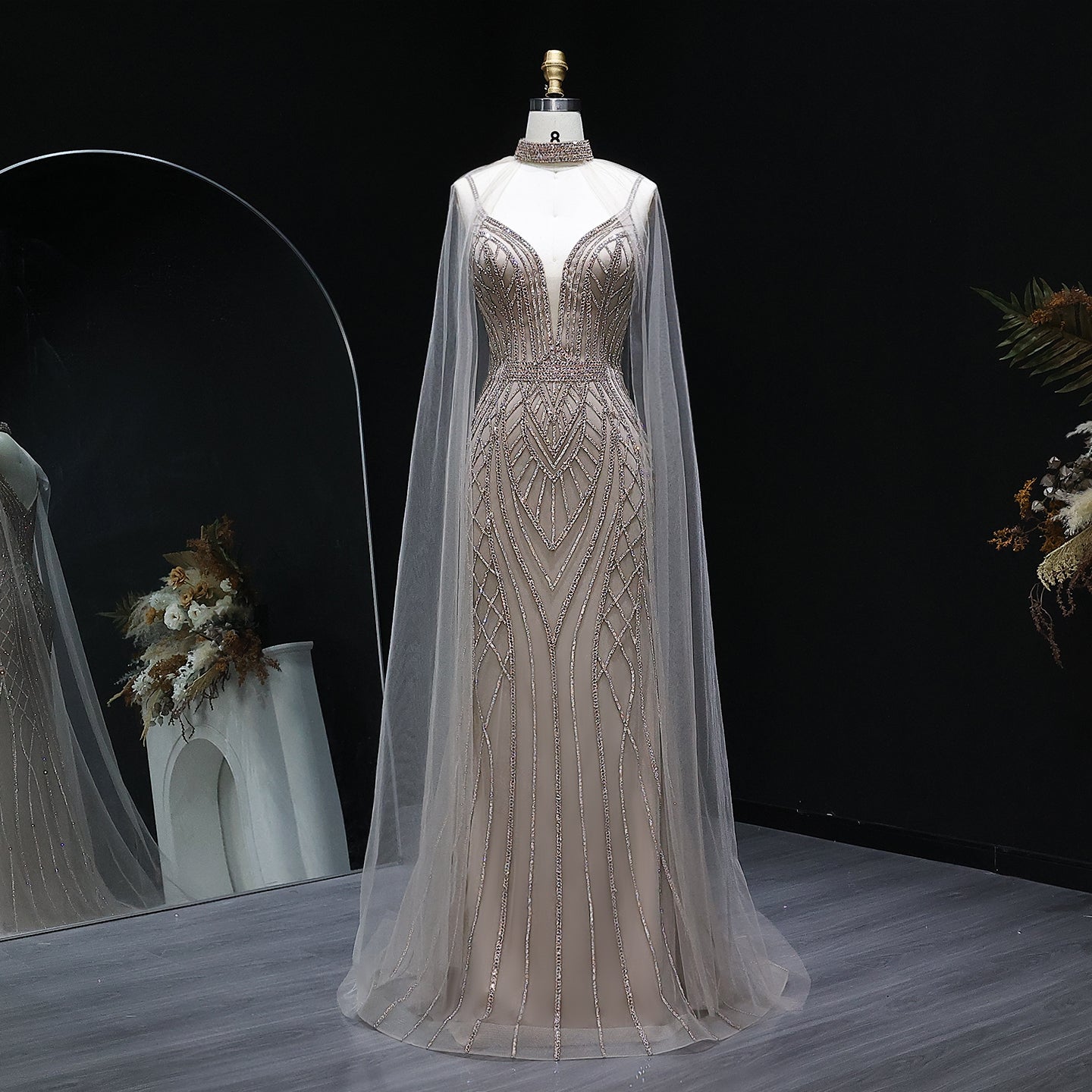 Sparkle Crystal Blue Mermaid Evening Dress with Cape Sleeves SS043  Caramel / US 18