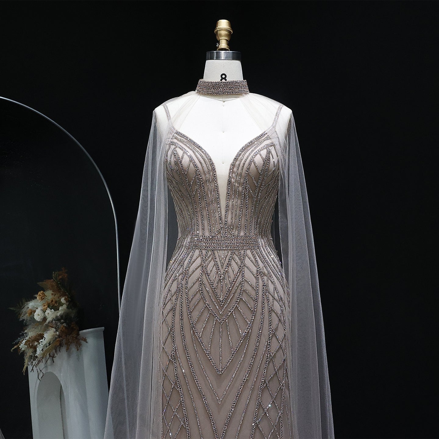 Sparkle Crystal Blue Mermaid Evening Dress with Cape Sleeves SS043